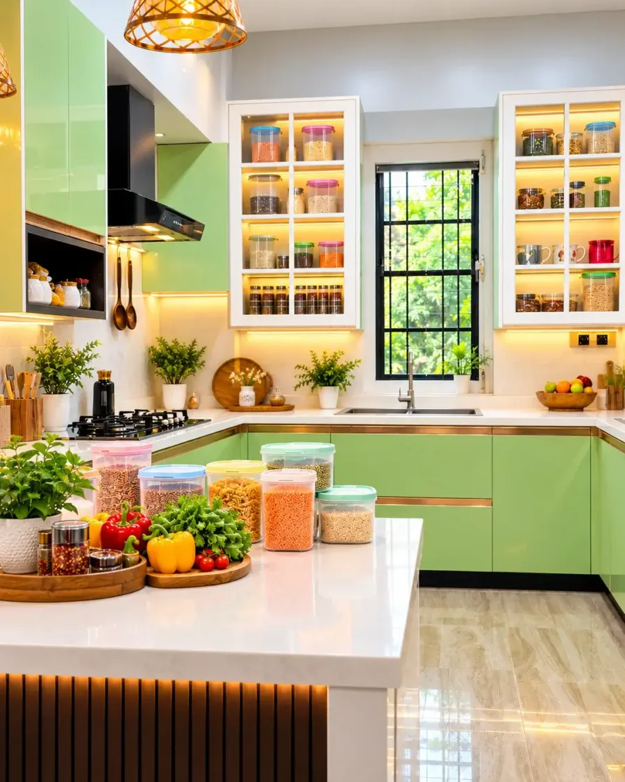 Pastel Green Organised Kitchen with Plastic