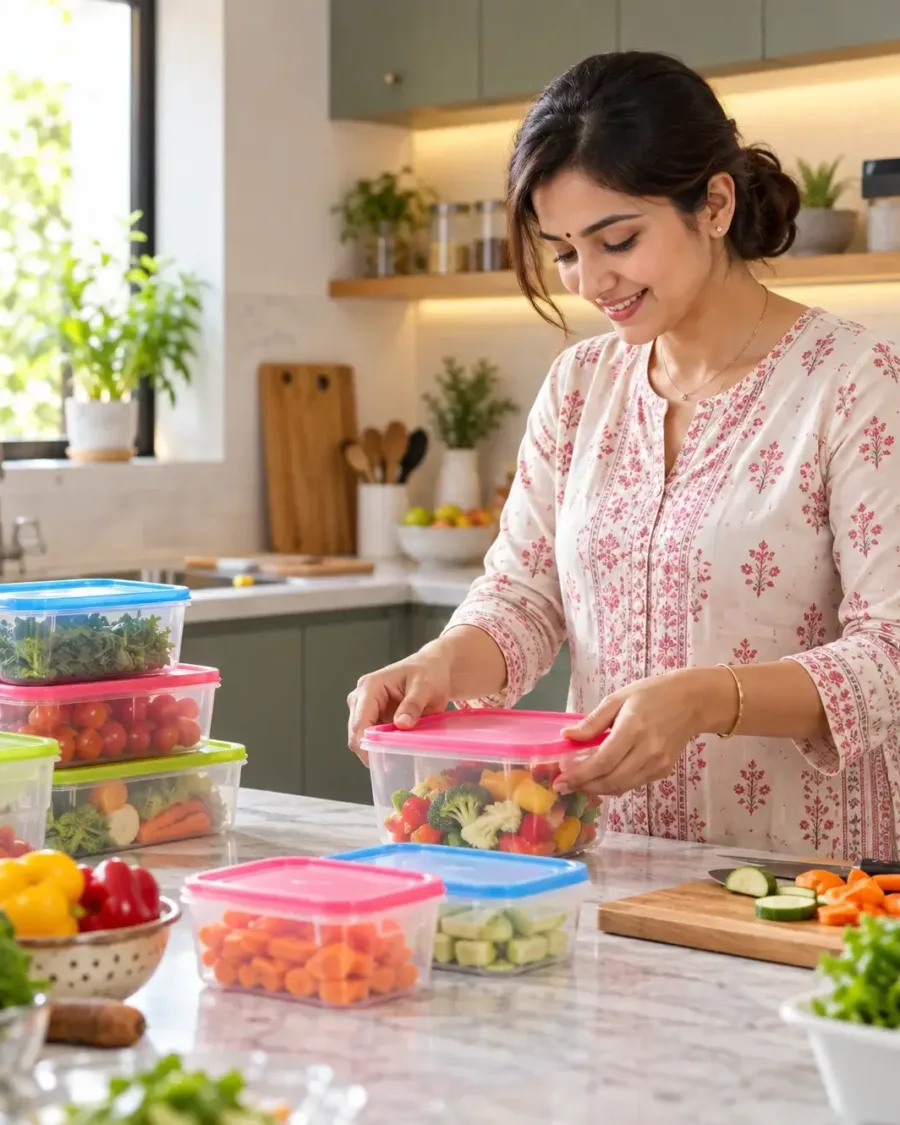 lady with Plastic container in Kitchen